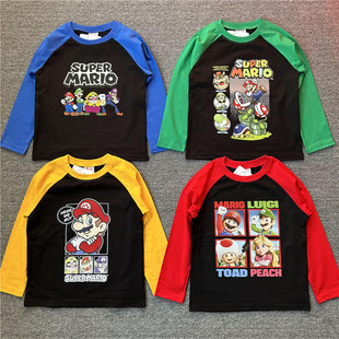 Japanese single foreign trade 2025 spring new Mario series color matching children's clothing long sleeve base casual shirt