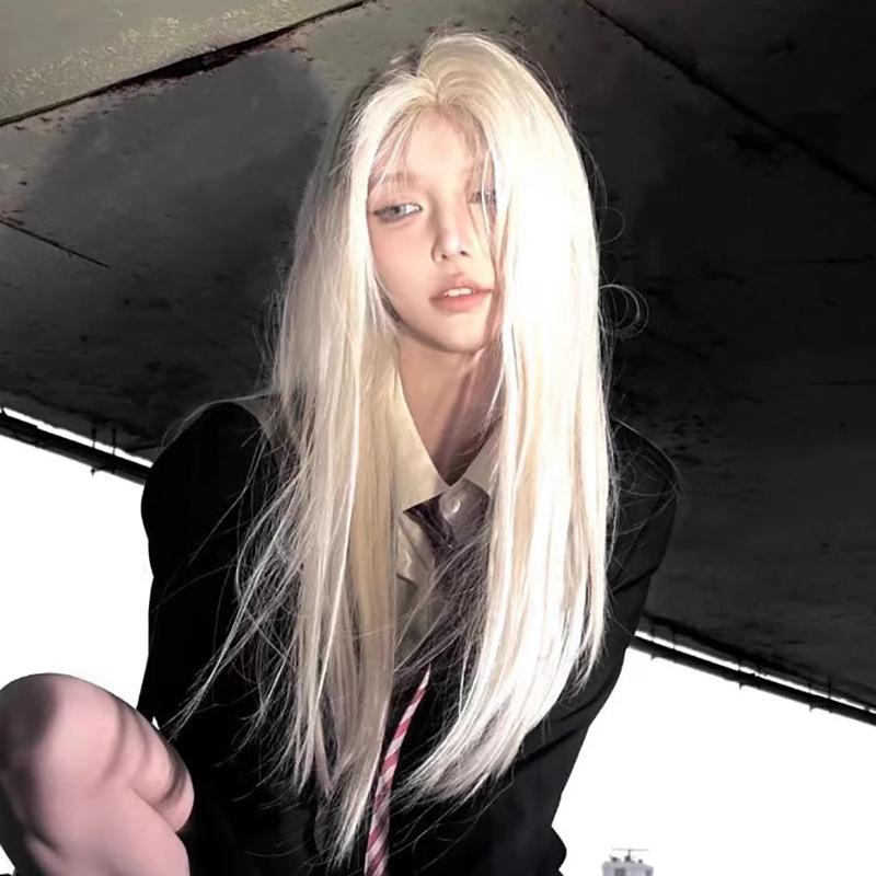 White gold forehead lace wig with universal gold long straight blonde female y2k female group natural full head cover