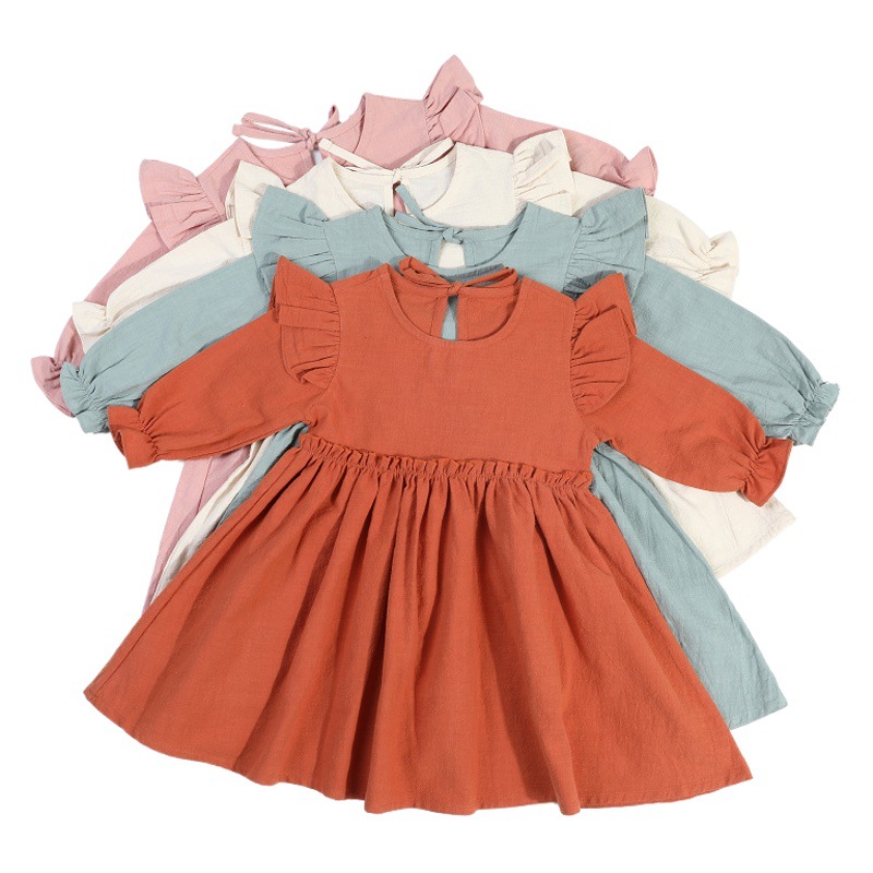 AliExpress nuevo vestido transfronterizo de algodón para niños Vestido de manga voladora para niños vestido de una sola pieza para niñas de color sólido de comercio exterior