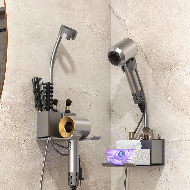 Baño perezoso secador de pelo soporte de ventilador de mano libre liberación de soporte de secador de pelo eléctrico de doble mano colgado en la pared sin perforación