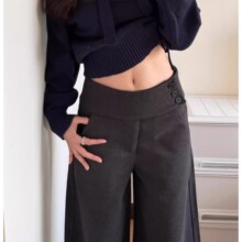 深灰色毛呢纽扣西装阔腿裤女2026春季新款高腰显瘦垂感宽松休闲裤