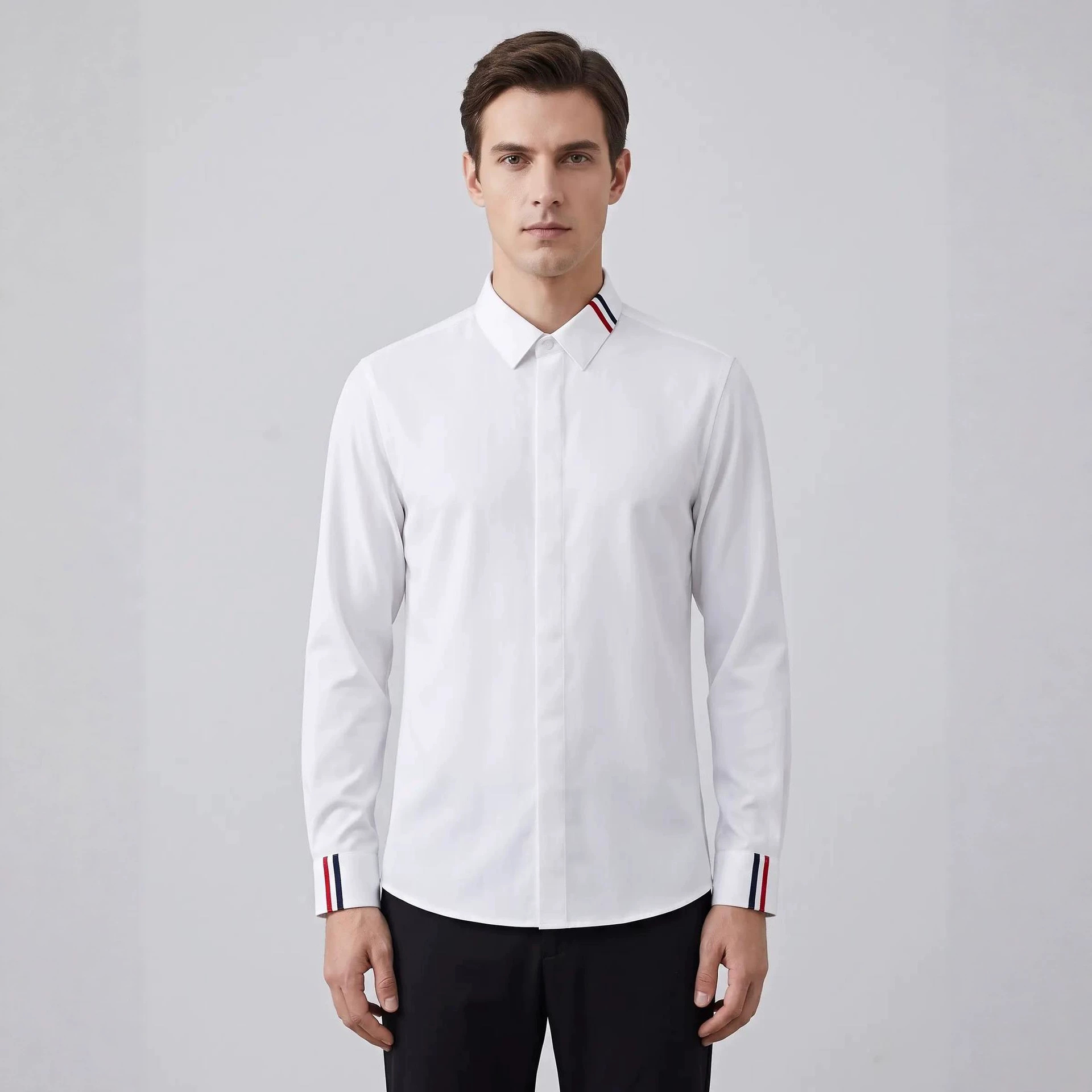 European-style white shirt with ribbon detailing, men's slim fit, trendy, luxurious, high-end workwear business long-sleeved shirt.