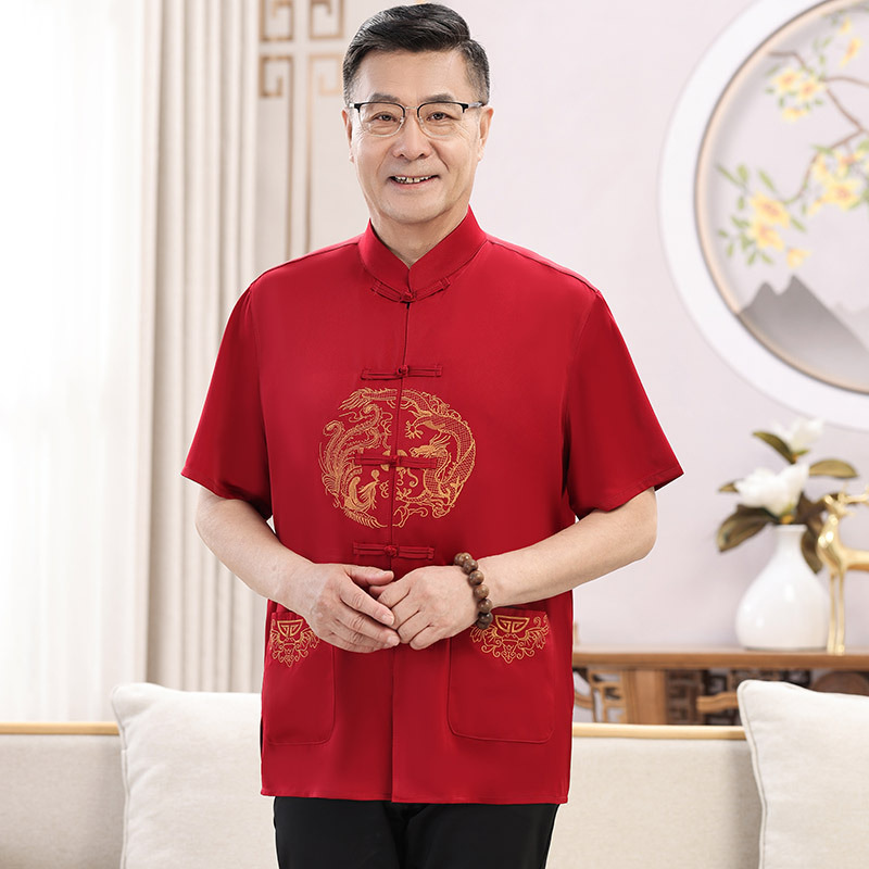夏装中老年情侣唐装男女短袖生日过寿中式礼服老人民族风薄款套装|undefined