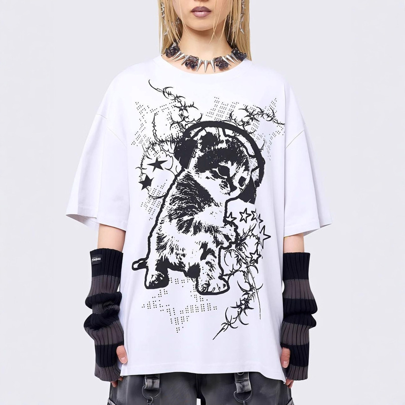 Cross-Border Exclusive European and American Style Spicy Girl Tops Retro Cat Print Loose Extended Version Short-Sleeve Round Neck T-Shirt