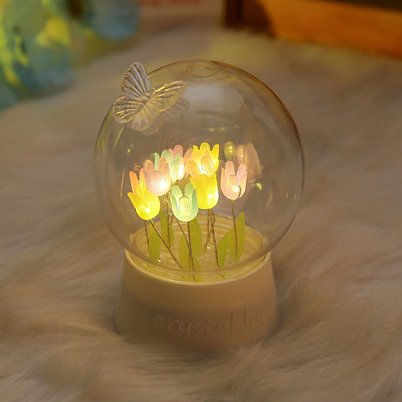 Bola de cristal, flor de rosa, tulipán, luz nocturna, red roja, luz de ambiente de bricolaje, regalo de cumpleaños para novios, día de San Valentín