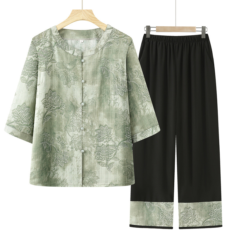 Middle-aged and Elderly Summer Wear Thin suit Female Granny Summer Seven-sleeve Shirt Mother's Wear Western-style Cardigan Two-piece Set