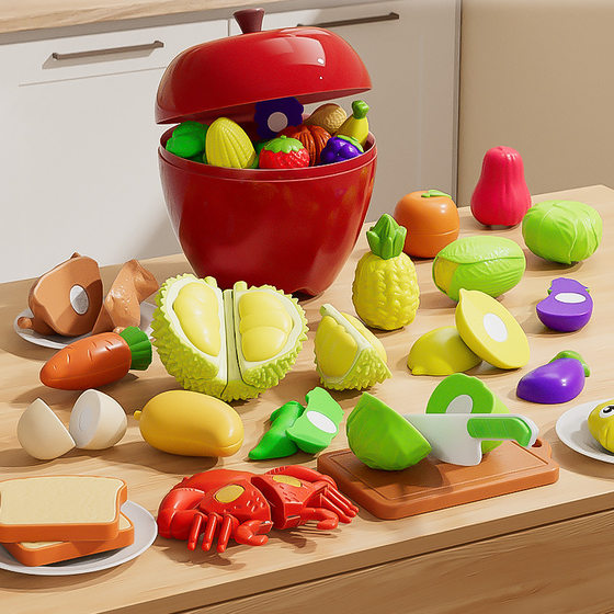 Baby knows vegetables and fruits, simulated apples, cooking, playing house, dining table, kitchen utensils, peeling, cutting and fun children's toys