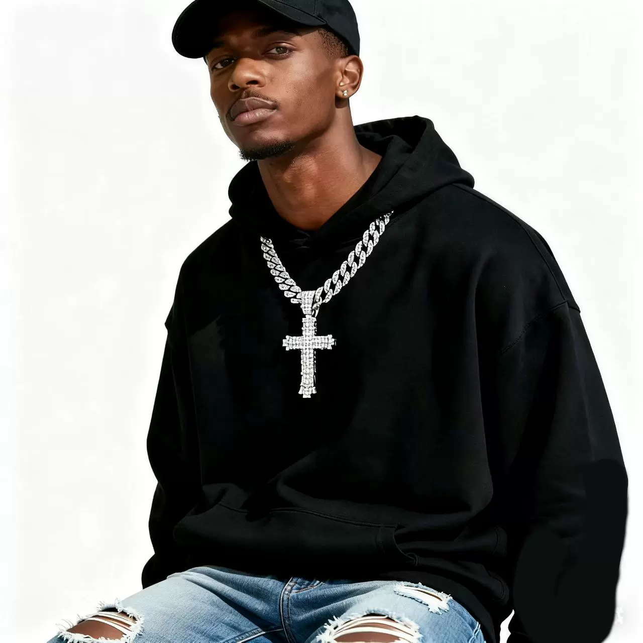 跨境新品嘻哈十字架合金项链大金满钻古巴链欧美潮男女首饰批发