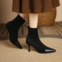 歐美女短筒靴尖頭細高跟拼接絨料彈力靴秋冬季時尚百搭套筒短靴子
