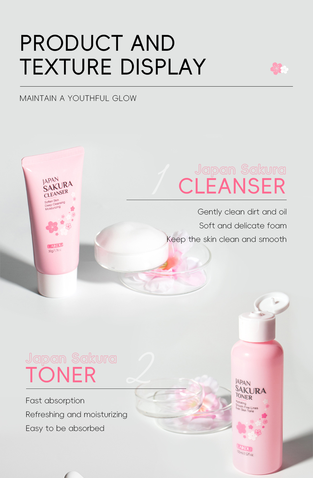 LAIKOU Cherry Blossom Skincare six-piece Set: Facial Cleanser, Essence, Eye Cream, Face Cream, Toner, sunscreen, Cross-border undefined
