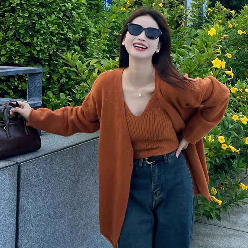 Autumn New Sweater Cardigan Two-Piece Set | Temperament New Style Sweater Vest Suit Sleeveless Style Moderate