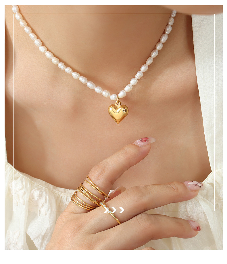 Fashion Heart Shape Titanium Steel Plating Artificial Pearls Pendant Necklace 1 Piece