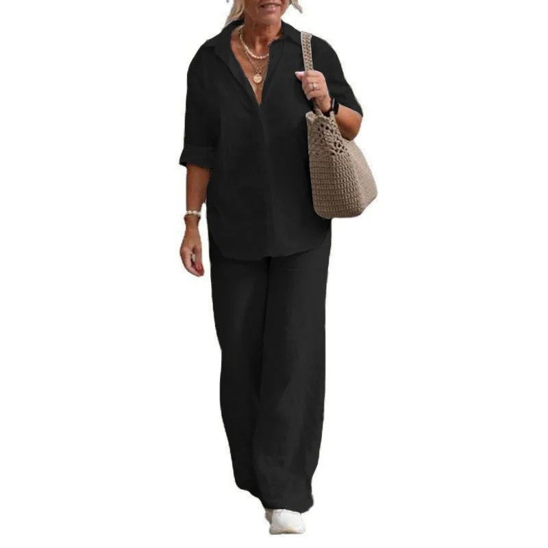 Lässiges Damen-Set aus langer Hose und kurzärmeligem Hemd in lockerer Passform – Frühlingsoutfit in großen Größen für Büro und Freizeit_voghion.com