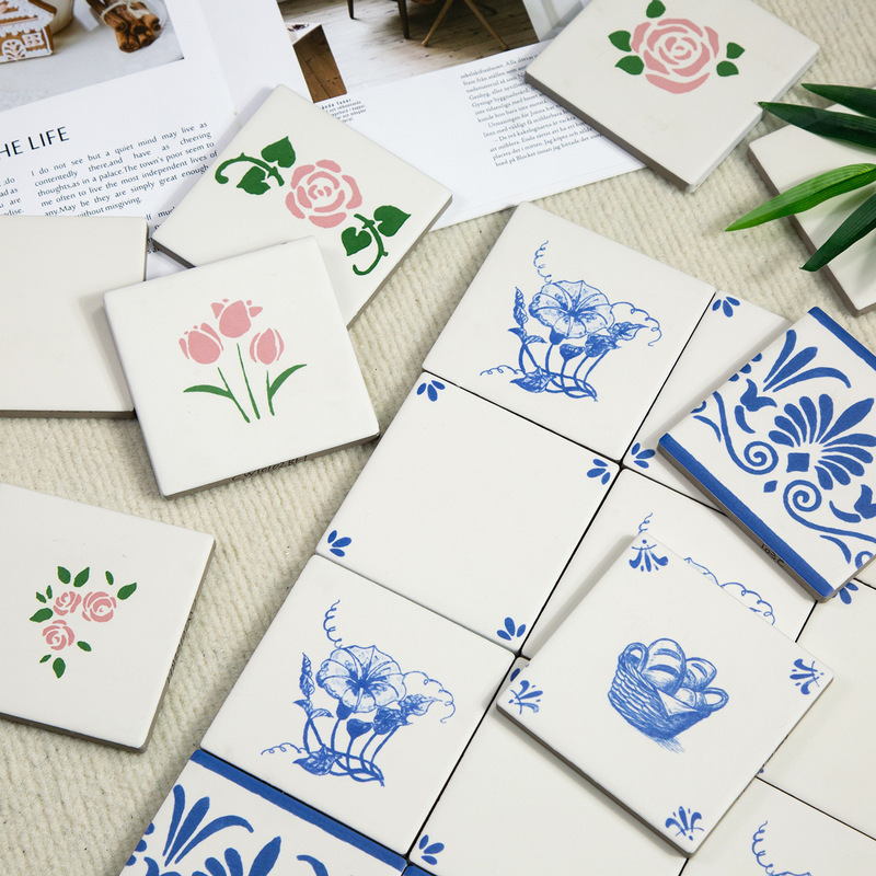 Nanyang French-Style Kitchen Small Floral Tiles, Vintage Handmade Tiles, Blue and White Porcelain Square Tiles, Bathroom Art Tiles, Bathroom Wall Tiles