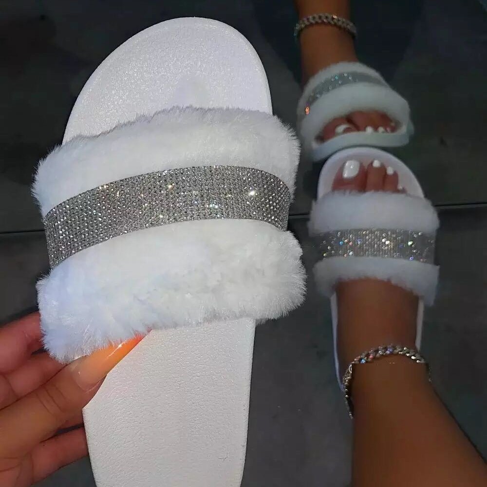 Transfronterizo 2022 AliExpress Comercio exterior 43 más tamaño de fondo grueso talón plano zapatillas de felpa zapatillas de mujer colorido brillante Rhinestone