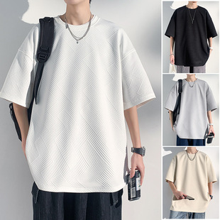 2023 new short sleeve T-shirt men's summer full printed waffle texture half sleeve T-shirt men's Japanese style loose T-shirt men