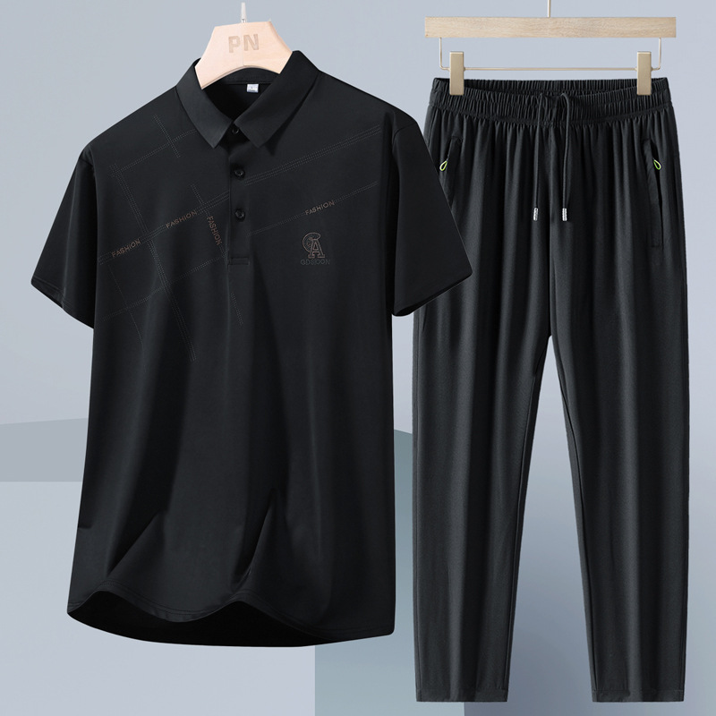 Verano, traje de hombre de seda de hielo, polo de manga corta para hombres de mediana edad, ropa de papá, ropa de negocios, pantalones casuales de secado rápido, dos piezas.