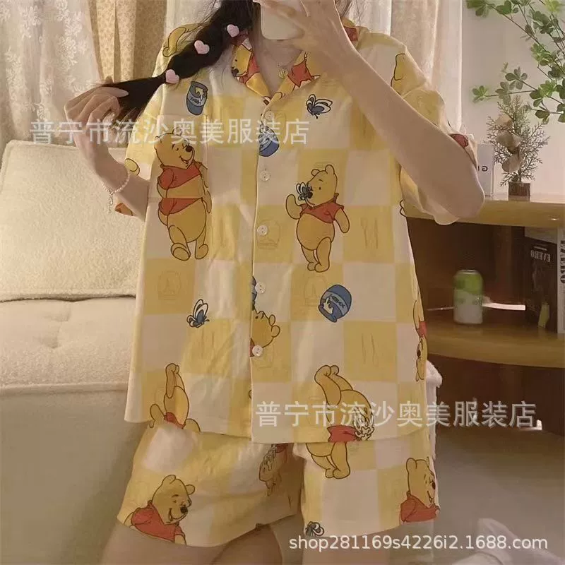 Новинка 2024, летняя стильная милая пижама с собакой корицей, женские шорты с лацканами, костюм с короткими рукавами, японский стиль, мультяшная большая ушастая собака