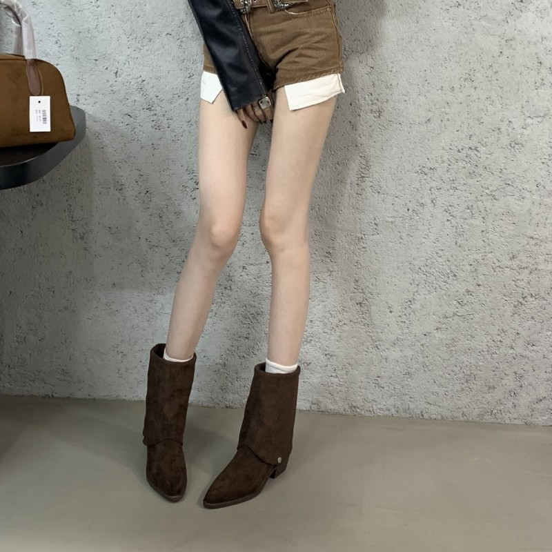 多穿复古西部牛仔靴女v口尖头瘦瘦靴堆堆长靴粗跟高筒骑士靴|undefined