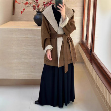 双面穿2025秋冬女设计感中长款双面羊毛大衣连帽宽松外套手工缝制