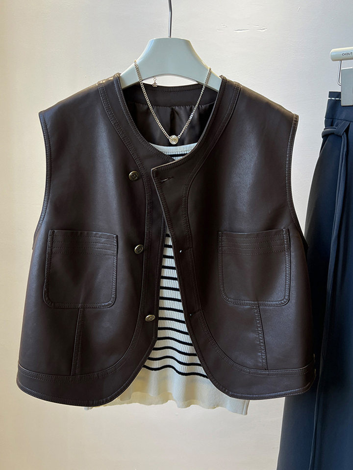 Áo vest nữ da PU phong cách retro Pháp, dáng không tay, một hàng khuy, dài 50–65 cm — Màu nâu, màu đen