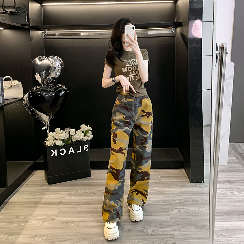 Hong Kong Style Streetwear Casual Sportswear Set for Women, Summer 2026 New Arrival: Short Top, Camouflage, Slimming Straight Leg Pants Two-Piece Set