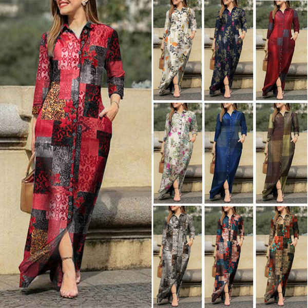Women's holiday leisure lap lapel long flower printed cotton dress