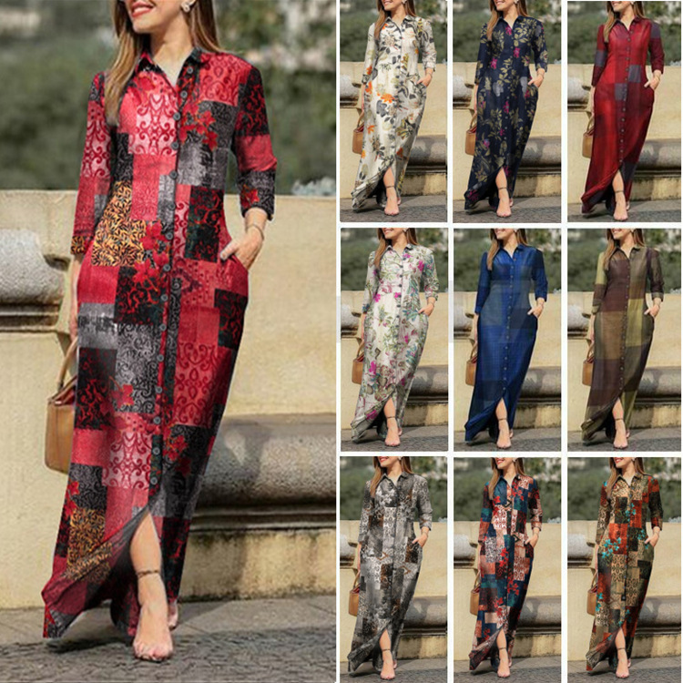 Women's Holiday Casual Lapel Robe Long Floral Print Cotton Dress Button Shirt Long Casual Dress