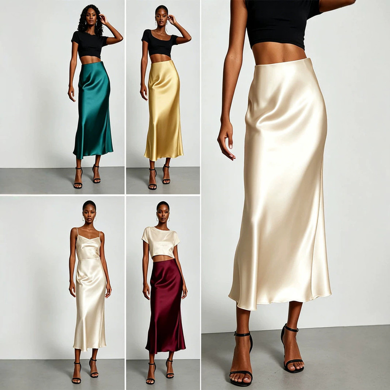 Cross-Border European and American Women's Fashion Satin Skirt with a Large Hem, Elegant Silky Texture, Slimming and Drapey, in Stock Cross-Border European and American Women's Fashion Satin Skirt with a Large Hem, Elegant Silky Texture, Slimming and Drapey, in Stock