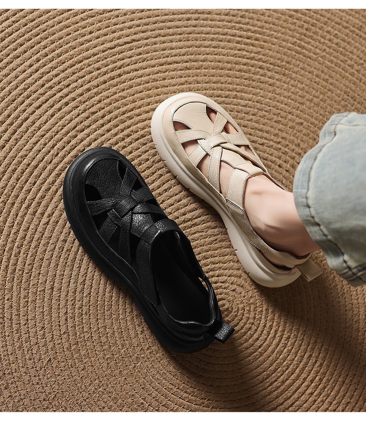 Sandal nữ đế dày da cừu phối quai ngang phong cách học đường — màu đen, màu trắng ngà chi tiết 25