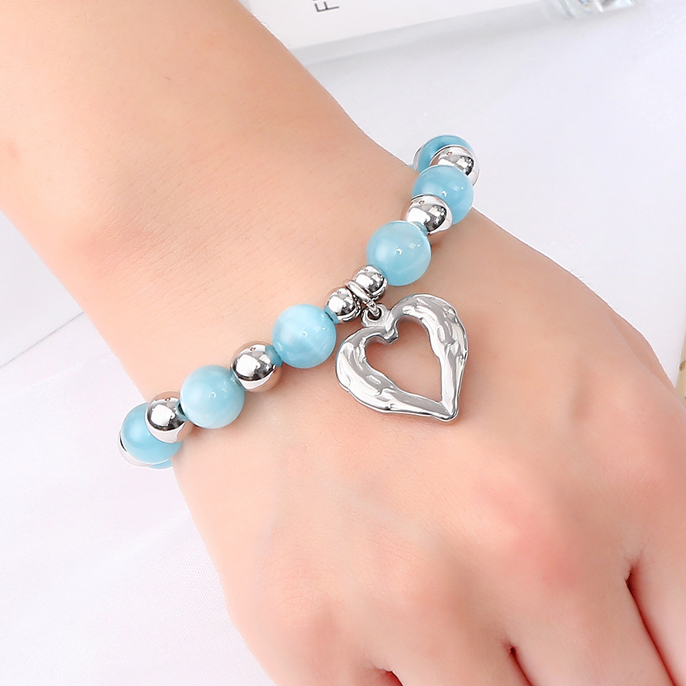 43g Weight Bracelets Classification 304 Stainless Steel Chain Material 1 Piece Quantity Holiday, Daily Occasion 304 Stainless Steel, Cat's Eye Stone Material Heart Shape Pattern Women's Gender Beaded Design Sweet Style Sweet Heart Shape 304 Stainless Steel Cat's Eye Stone Bracelets In Bulk 7