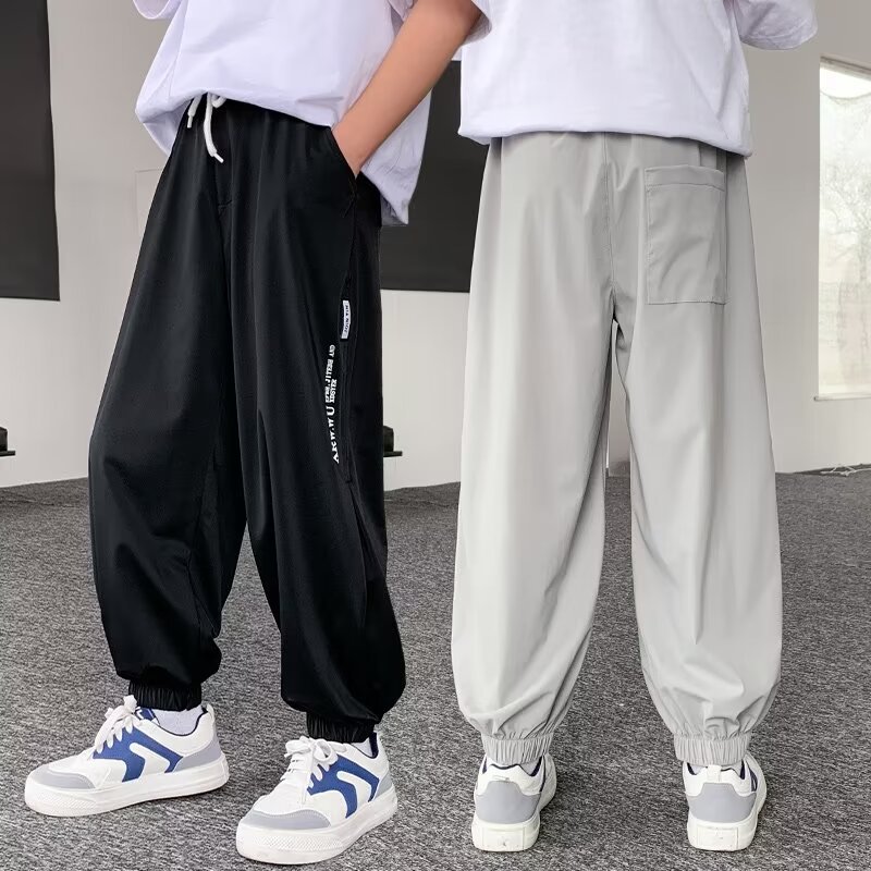 Boys' Pants, Summer Thin, Medium and Large Kidsren's Korean Style Loose Casual Sports Quick-drying Pants, Boys' Lightweight Nine-point Anti-mosquito Pants