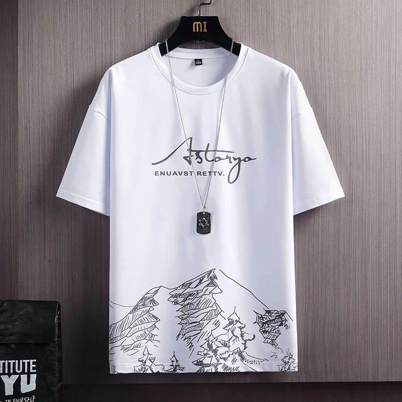 Short sleeve T-shirt set men's summer new snow mountain printing fashion trend Korean slim fit large sports two-piece set