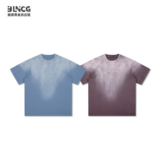BG Trendy Brand Men's and Women's Heavyweight Dropped Shoulder Sleeve T-shirt Spring and Summer Washed Round Neck Gradient Tie-dye Short-sleeved Large Size T-shirt