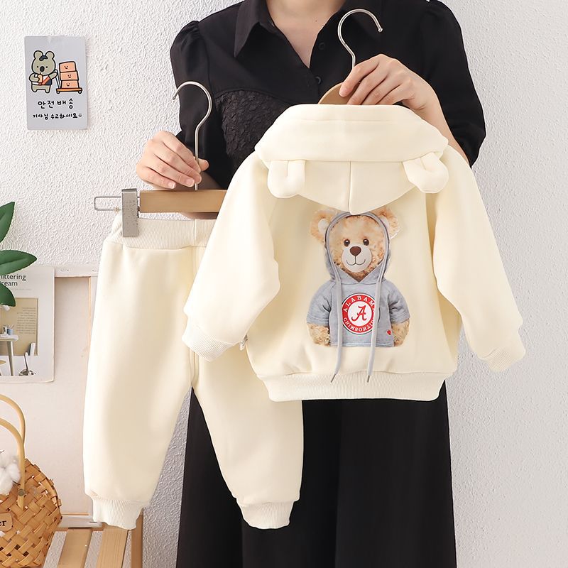 [베이지] 곰 벨벳 지퍼 후드 세트