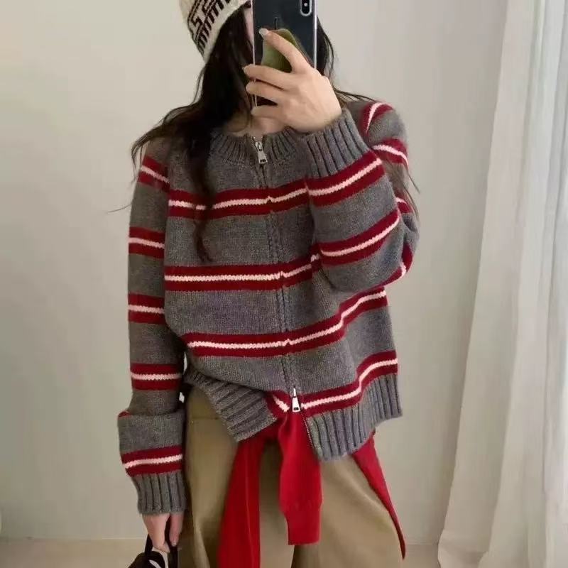 圆领撞色条纹双拉链针织衫外套女2025秋冬款韩系慵懒风针织衫上衣|undefined