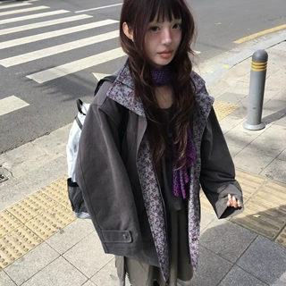 生C/韩系小众纯棉水洗碎花工装夹克女秋冬宽松长款风衣夹棉外套co