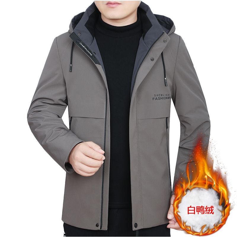 港士奴冬季中年保暖羽绒服男可脱卸帽加厚保暖白鸭绒爸爸冬装外套