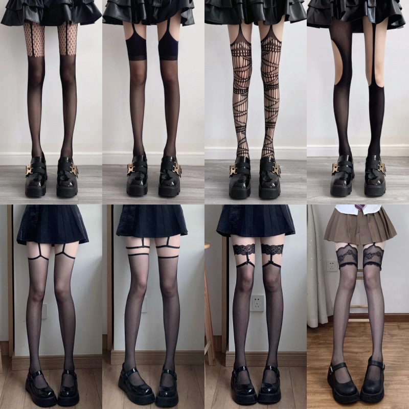Sexy Hot Girl Jk Over-The-Knee Garter Stockings Women's Thin Black Stockings Fishnet Stockings Y2K Punk Stockings