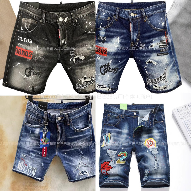 New Model of Cross-Border Dsq Men's Denim Shorts, Tmall Same Style, Printed D2 Ripped Maple Leaf Design for Men