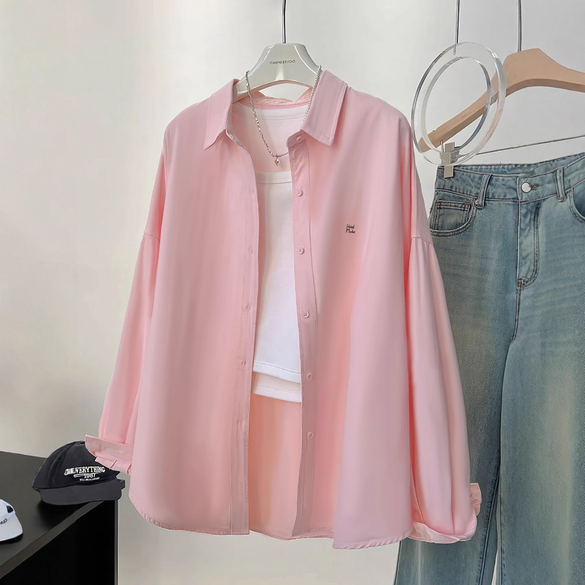 Pink Shirt, 2026 Spring/Summer/Autumn New Korean Style Loose Casual Slimming Letter Long-Sleeve Shirt Jacket Top