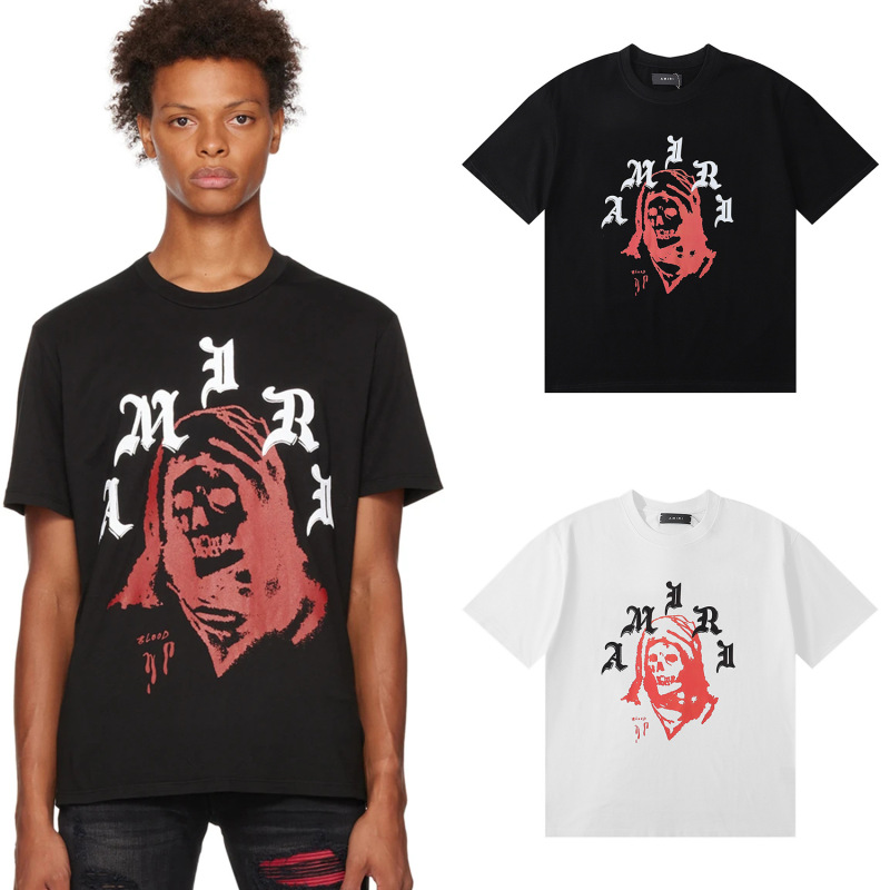 国境を越えた卸売り美潮AMIRI T-Shirt薔薇頭蓋頭プリント双糸純綿半袖tシャツ男女|undefined