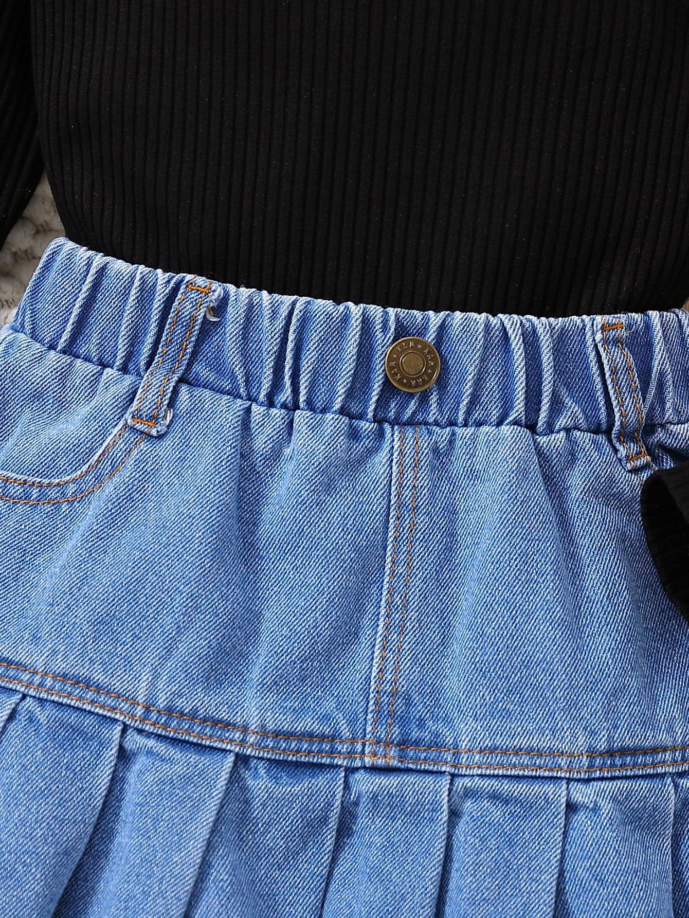 Abbigliamento per bambini 2024 Set di 3 pezzi con top con scollo a V e gonna in denim e cappello, per ragazze_voghion.com