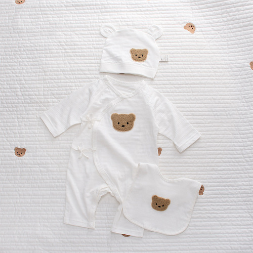 Baby Summer Thin A-Grade Pure Cotton Bear Onesie Set White Long Sleeve Infant Air Conditioning Homecoming Dress Ins Style