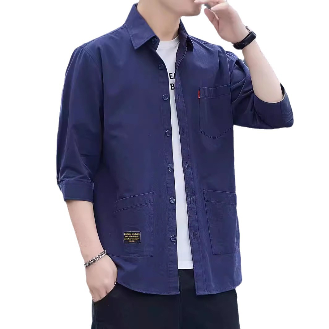 Spring and Autumn American retro multi-bag business casual shirt men's high-grade trendy cotton shirt outer wear
