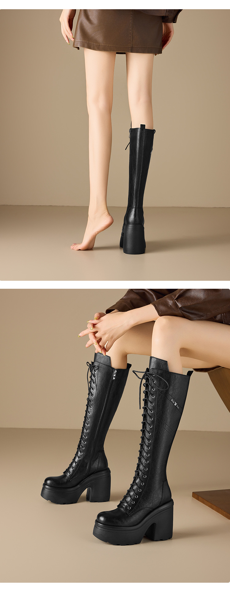 Boot nữ cổ cao ôm bắp chân, gót 12 cm, phong cách Anh, da thật, buộc dây, đế dày — nhung nâu chi tiết 5
