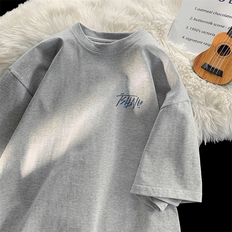 Japanese Style Grey Short-sleeved T-shirt for Boys Summer 2025 Pure Cotton Teenager cityboy Loose All-match Round Neck Half-sleeved T-shirt