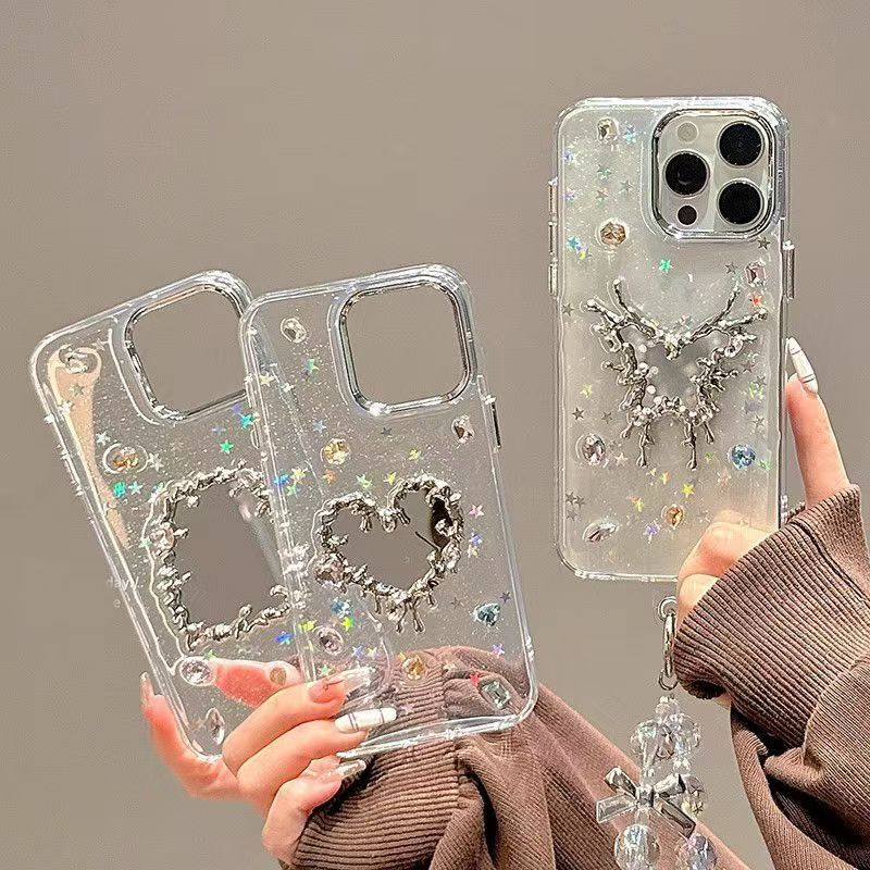 Glitter Resin 3D Heart Bow Mirror Suitable for Apple iPhone 16 Pro Max Phone Case 15/14
