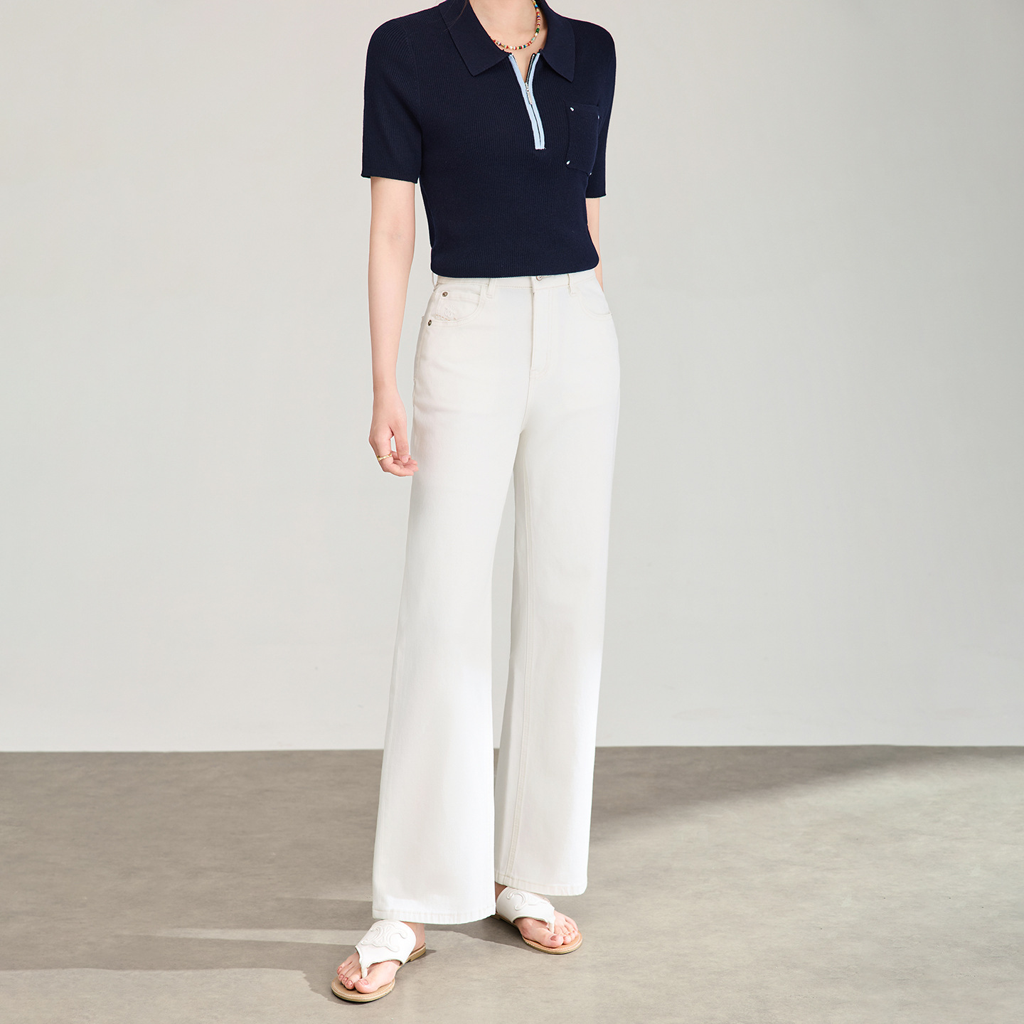 Quần jean nữ cạp cao ống rộng vải lụa cotton co giãn bốn chiều mỏng nhẹ mùa hè — màu trắng