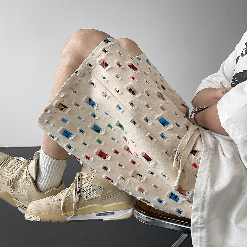 Design Sense Shorts Rip Small Oil Painting Ins Fashionable Street-fried Loose Half Pants Men's High Street Half Pants